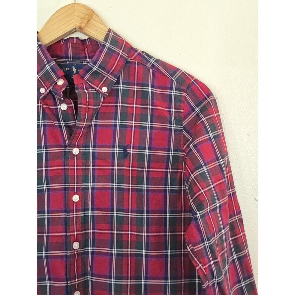 Ralph Lauren Boys Plaid Check Button Down Shirt Red Green Cotton Size M 10-12 - Picture 3 of 11